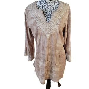 JONES NEW YORK‎ SAGE Boho Tunic Top Embroidered Women's Tan 3/4 Sleeve Blouse